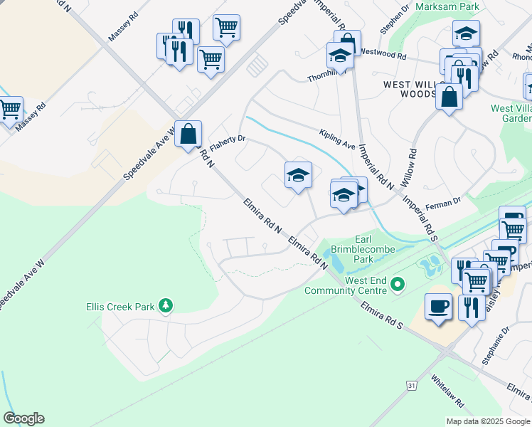 map of restaurants, bars, coffee shops, grocery stores, and more near 102 Elmira Road North in Guelph