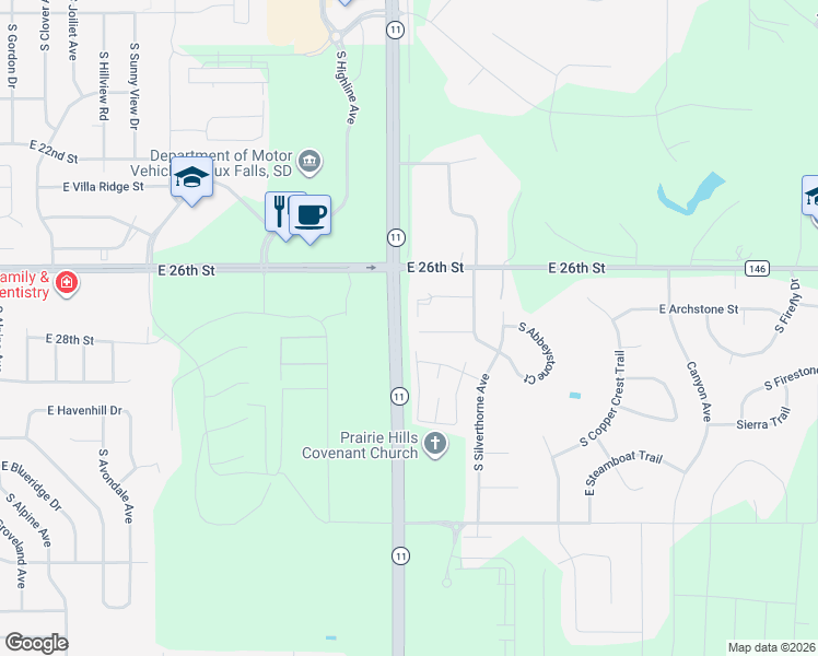 map of restaurants, bars, coffee shops, grocery stores, and more near 2109 South Silverthorne Avenue in Sioux Falls