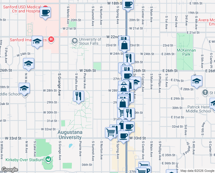map of restaurants, bars, coffee shops, grocery stores, and more near 2002 South Duluth Avenue in Sioux Falls