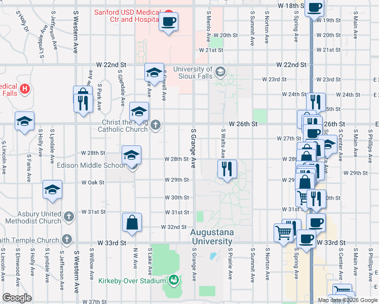 map of restaurants, bars, coffee shops, grocery stores, and more near 2002 South Grange Avenue in Sioux Falls