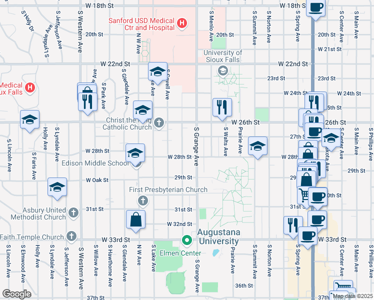map of restaurants, bars, coffee shops, grocery stores, and more near 2005 South Euclid Avenue in Sioux Falls