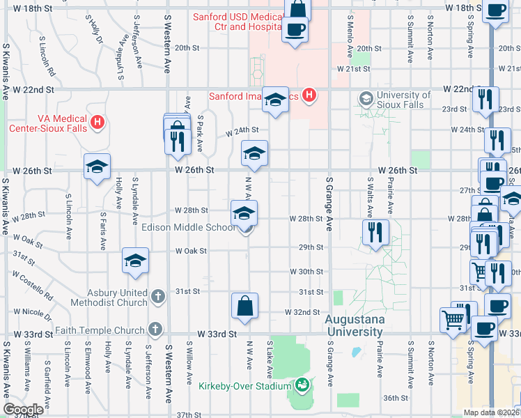 map of restaurants, bars, coffee shops, grocery stores, and more near 1605 West 28th Street in Sioux Falls