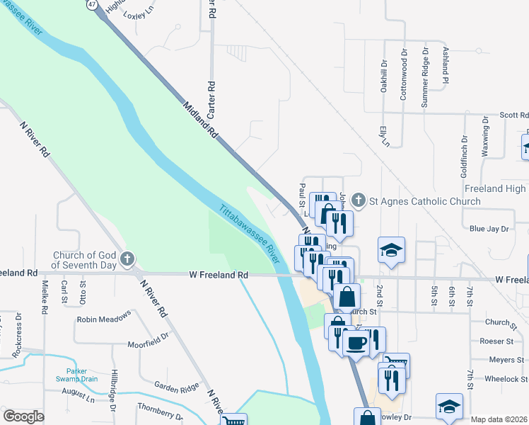 map of restaurants, bars, coffee shops, grocery stores, and more near 8217 Midland Road in Freeland