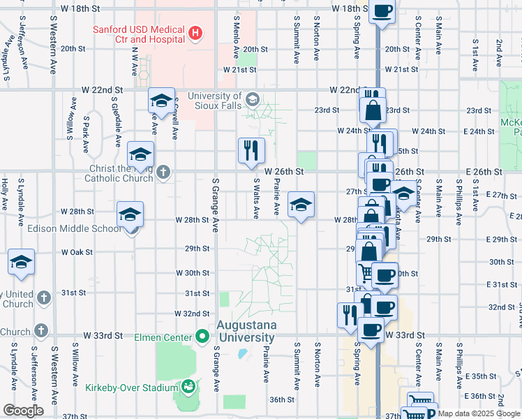 map of restaurants, bars, coffee shops, grocery stores, and more near 1928 South Walts Avenue in Sioux Falls