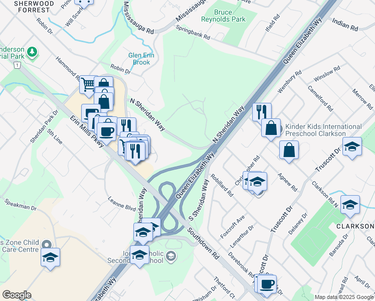 map of restaurants, bars, coffee shops, grocery stores, and more near 1900 North Sheridan Way in Mississauga