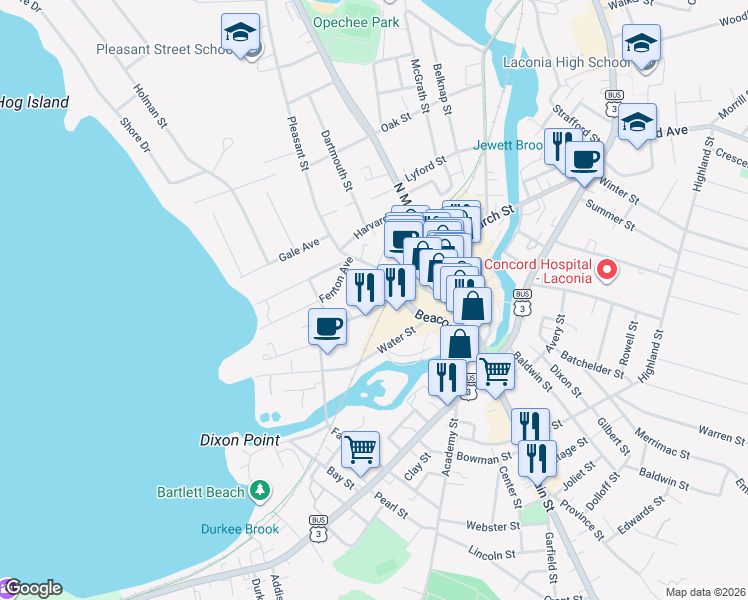 map of restaurants, bars, coffee shops, grocery stores, and more near 136 Pleasant Street in Laconia