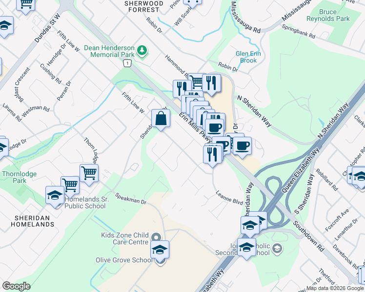 map of restaurants, bars, coffee shops, grocery stores, and more near in Mississauga