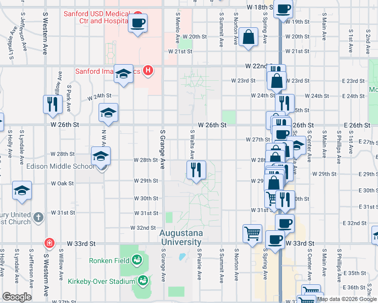 map of restaurants, bars, coffee shops, grocery stores, and more near 1900 South Menlo Avenue in Sioux Falls