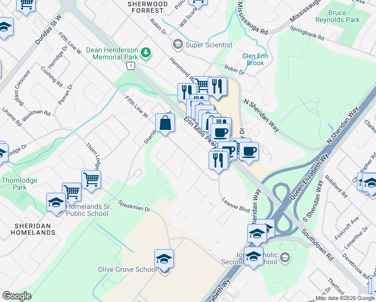 map of restaurants, bars, coffee shops, grocery stores, and more near 2095 Springfield Road in Mississauga