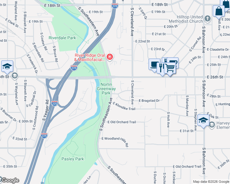 map of restaurants, bars, coffee shops, grocery stores, and more near 1801-1943 South Southeastern Avenue in Sioux Falls
