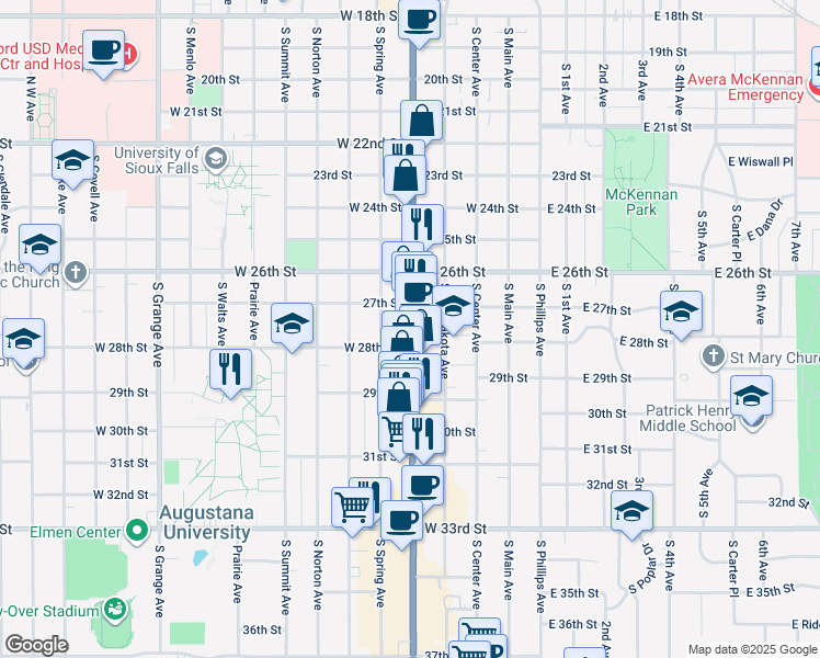 map of restaurants, bars, coffee shops, grocery stores, and more near 508 West 27th Street in Sioux Falls
