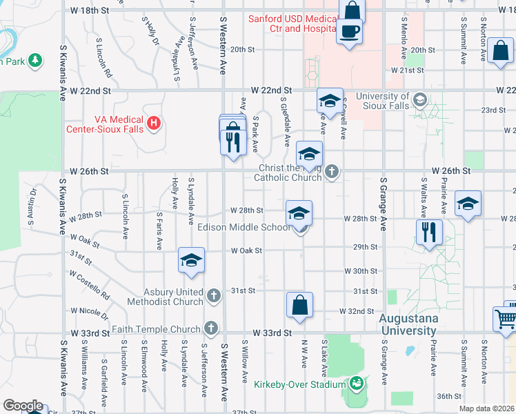 map of restaurants, bars, coffee shops, grocery stores, and more near 1900 South Hawthorne Avenue in Sioux Falls
