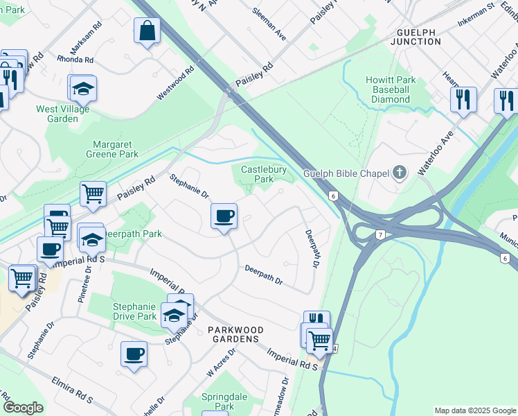 map of restaurants, bars, coffee shops, grocery stores, and more near 63 Castlebury Drive in Guelph