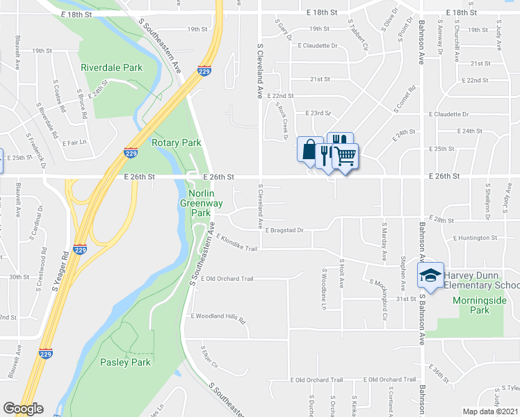 map of restaurants, bars, coffee shops, grocery stores, and more near 2007 South Cleveland Avenue in Sioux Falls