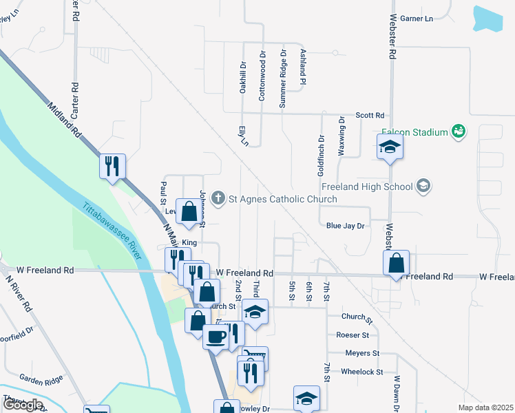map of restaurants, bars, coffee shops, grocery stores, and more near 307 Third Street in Freeland