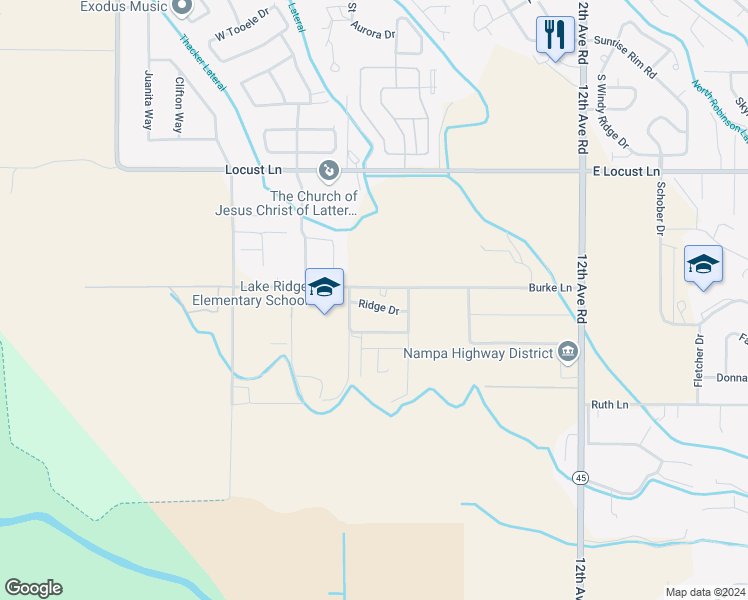 map of restaurants, bars, coffee shops, grocery stores, and more near 526 Ridge Drive in Nampa