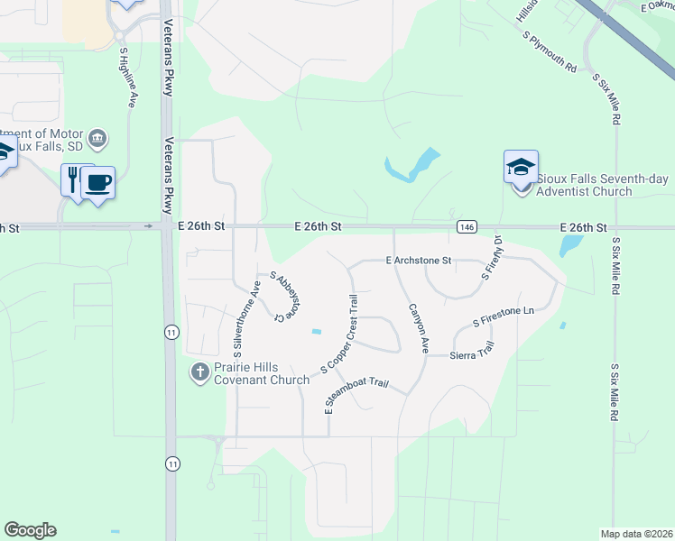 map of restaurants, bars, coffee shops, grocery stores, and more near South Copper Crest Trail in Sioux Falls