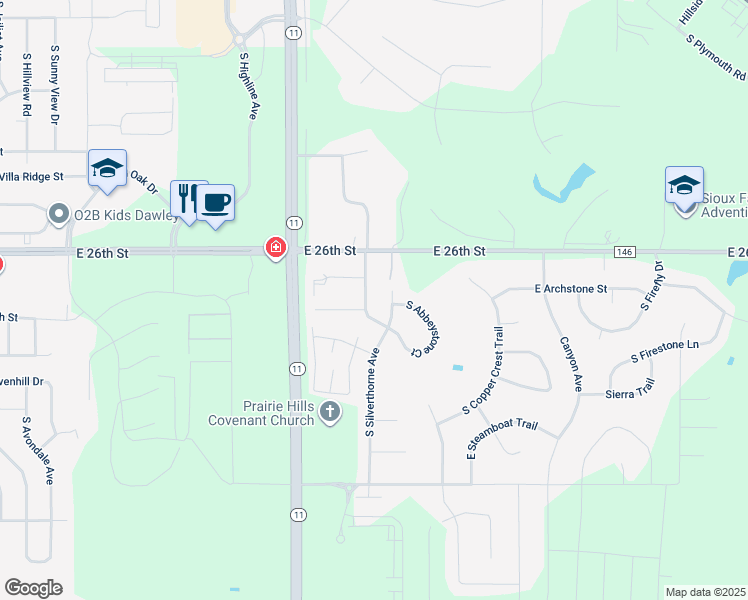 map of restaurants, bars, coffee shops, grocery stores, and more near 1900 South Bill Drive in Sioux Falls