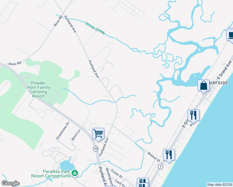map of restaurants, bars, coffee shops, grocery stores, and more near 38 Portland Avenue in Old Orchard Beach