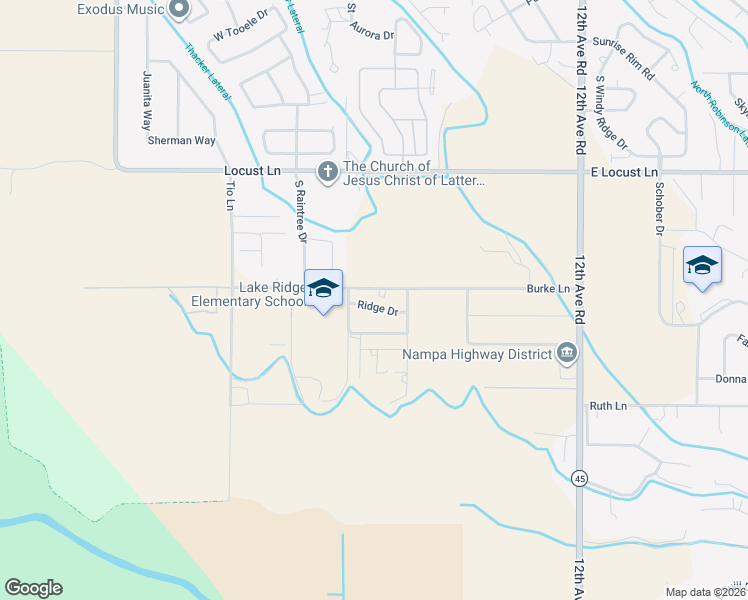 map of restaurants, bars, coffee shops, grocery stores, and more near 526 Ridge Drive in Nampa