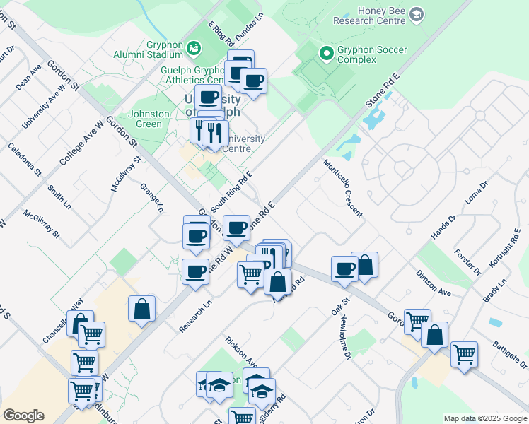 map of restaurants, bars, coffee shops, grocery stores, and more near 50 Stone Road East in Guelph