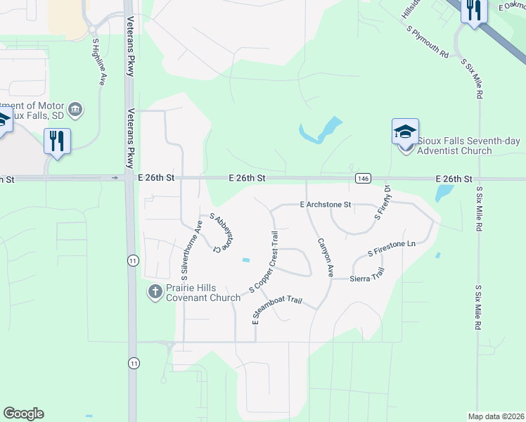 map of restaurants, bars, coffee shops, grocery stores, and more near South Copper Crest Trail in Sioux Falls