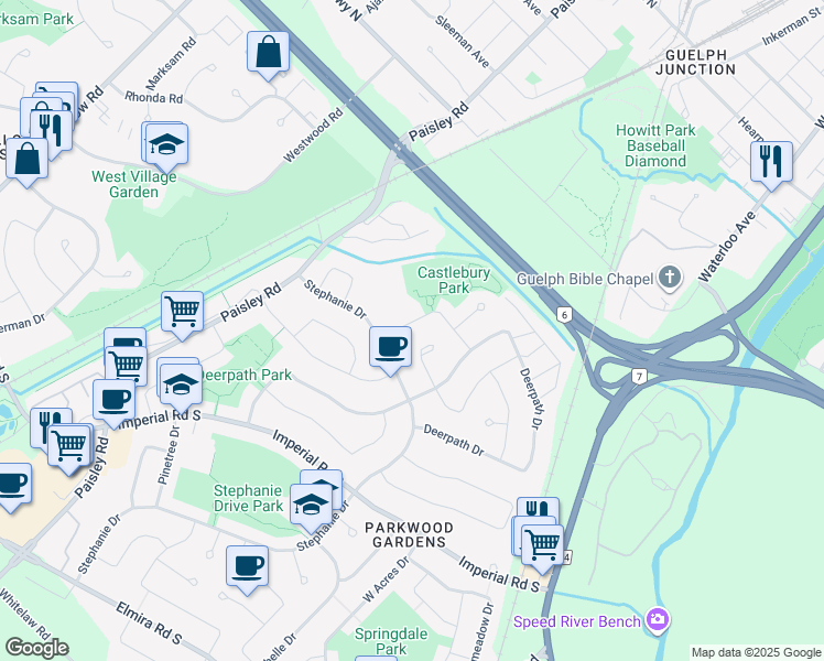 map of restaurants, bars, coffee shops, grocery stores, and more near 19 Castlebury Drive in Guelph