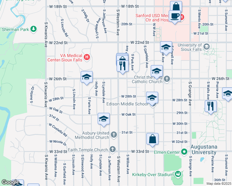 map of restaurants, bars, coffee shops, grocery stores, and more near 1901 South Western Avenue in Sioux Falls