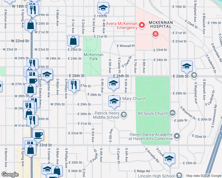 map of restaurants, bars, coffee shops, grocery stores, and more near 1801-1999 S 5th Ave in Sioux Falls