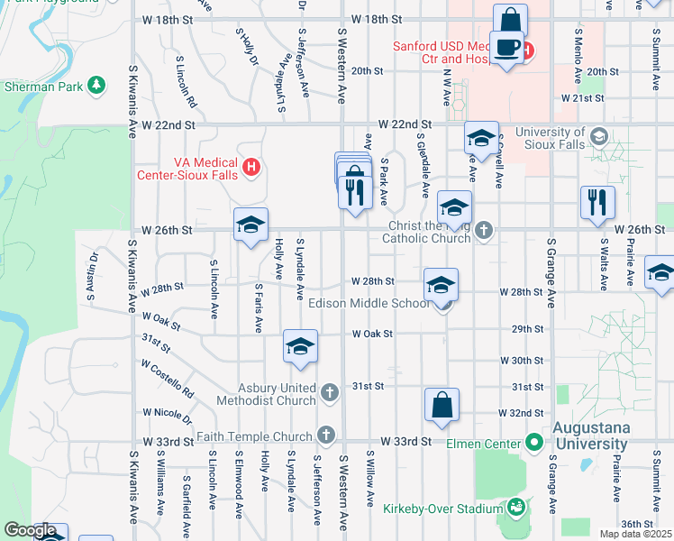map of restaurants, bars, coffee shops, grocery stores, and more near 1901 South Western Avenue in Sioux Falls