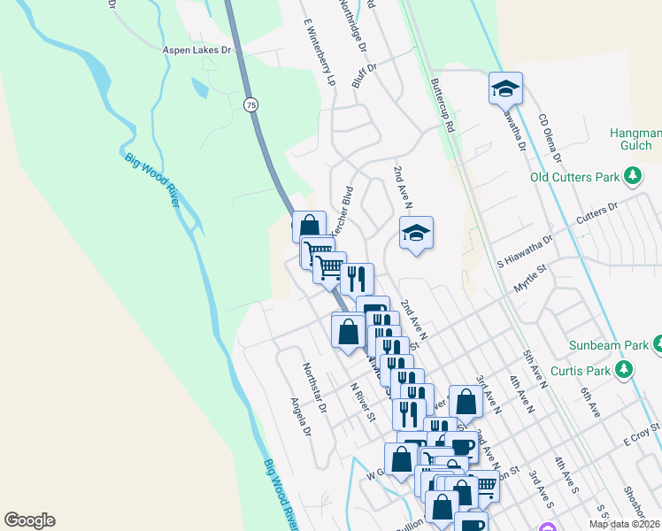 map of restaurants, bars, coffee shops, grocery stores, and more near 600-608 Cobblestone Lane in Hailey