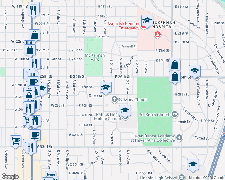 map of restaurants, bars, coffee shops, grocery stores, and more near 1801-1999 S 5th Ave in Sioux Falls