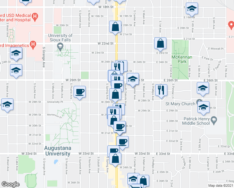 map of restaurants, bars, coffee shops, grocery stores, and more near 1924 S Minnesota Ave in Sioux Falls