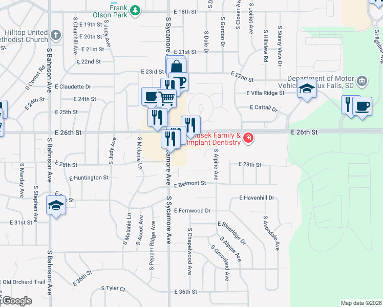 map of restaurants, bars, coffee shops, grocery stores, and more near 4601 East 26th Street in Sioux Falls