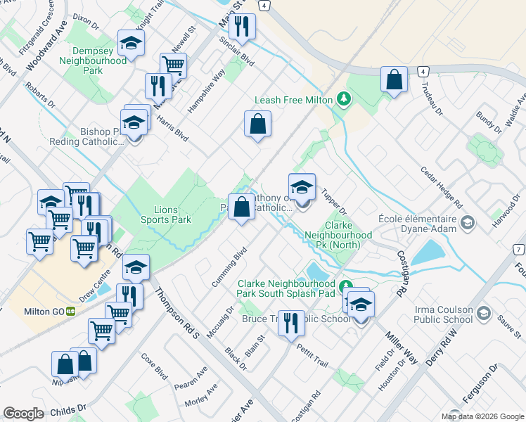 map of restaurants, bars, coffee shops, grocery stores, and more near 1208 Bonin Crescent in Milton