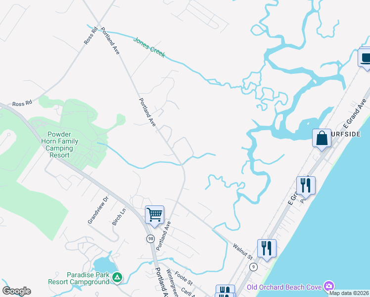 map of restaurants, bars, coffee shops, grocery stores, and more near 129 Portland Avenue in Old Orchard Beach
