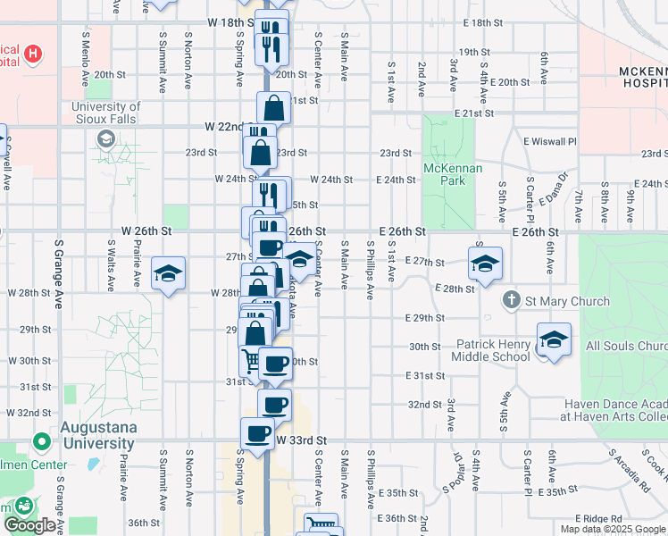 map of restaurants, bars, coffee shops, grocery stores, and more near 1903 South Main Avenue in Sioux Falls