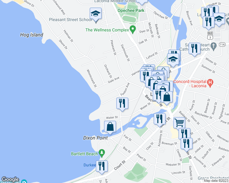 map of restaurants, bars, coffee shops, grocery stores, and more near 52 Whipple Avenue in Laconia