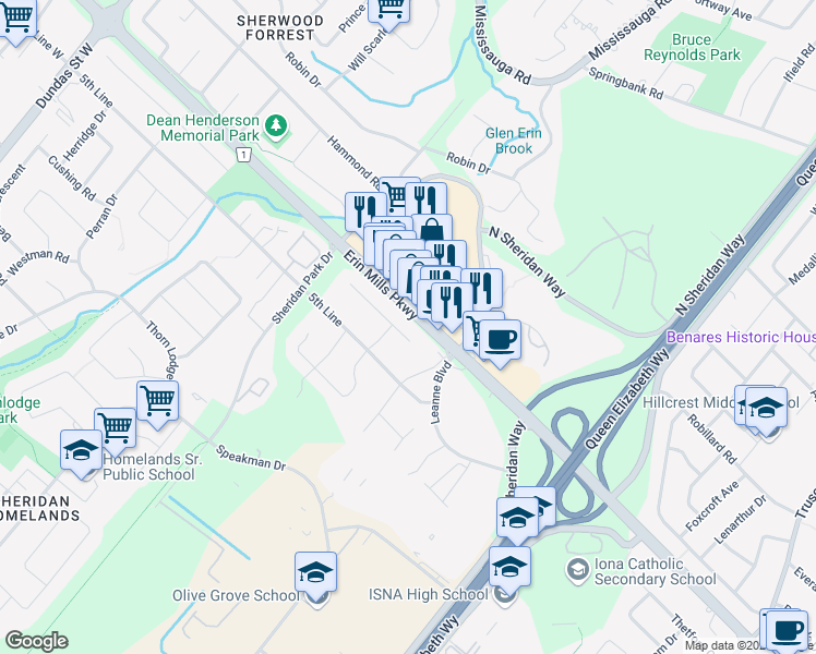 map of restaurants, bars, coffee shops, grocery stores, and more near 2215 Springfield Court in Mississauga