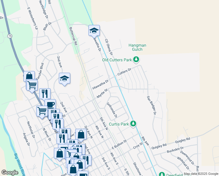 map of restaurants, bars, coffee shops, grocery stores, and more near 960 Myrtle Street in Hailey