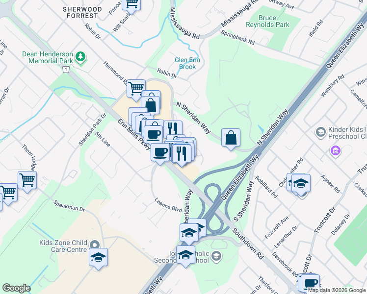 map of restaurants, bars, coffee shops, grocery stores, and more near 2150 Roche Court in Mississauga