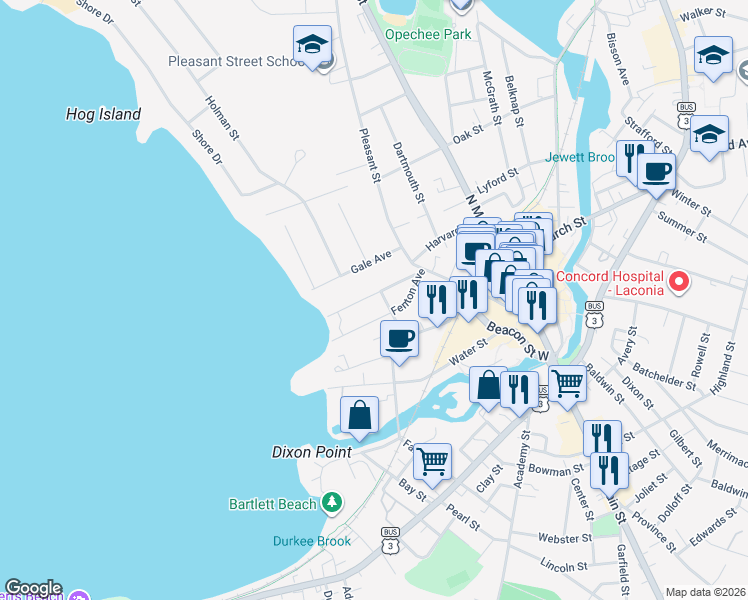 map of restaurants, bars, coffee shops, grocery stores, and more near 52 Whipple Avenue in Laconia