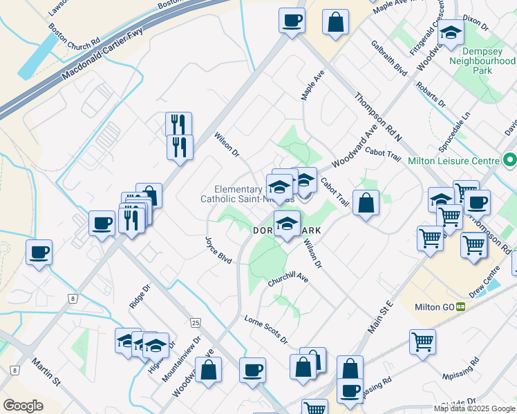 map of restaurants, bars, coffee shops, grocery stores, and more near 248 Wilson Drive in Milton