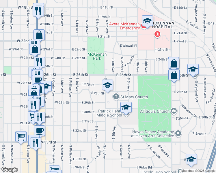 map of restaurants, bars, coffee shops, grocery stores, and more near 1801-1999 S 5th Ave in Sioux Falls
