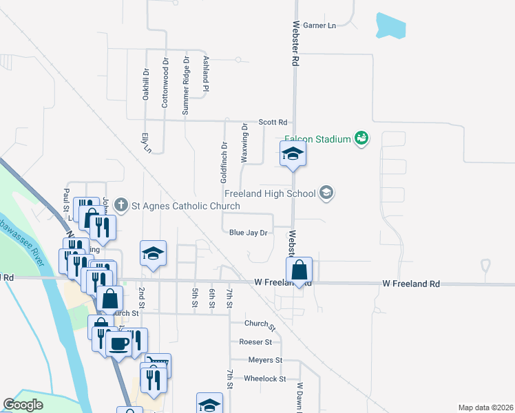 map of restaurants, bars, coffee shops, grocery stores, and more near 10108 Dove Drive in Tittabawassee Township