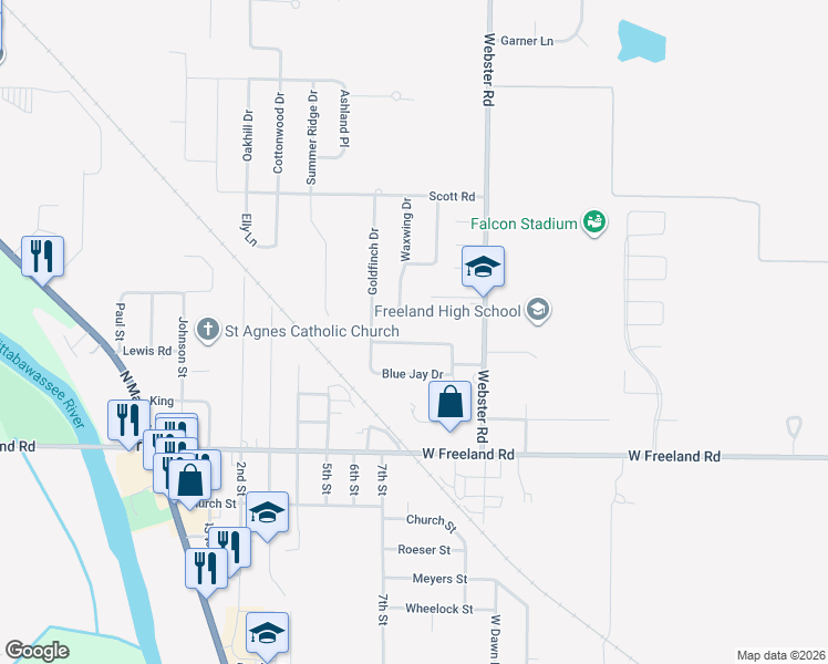 map of restaurants, bars, coffee shops, grocery stores, and more near 10108 Dove Drive in Freeland