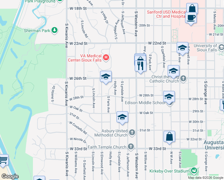map of restaurants, bars, coffee shops, grocery stores, and more near 1831-1999 S Holly Ave in Sioux Falls