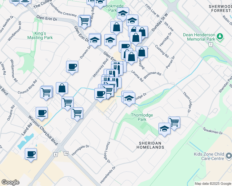 map of restaurants, bars, coffee shops, grocery stores, and more near 2400 Dundas Street West in Mississauga