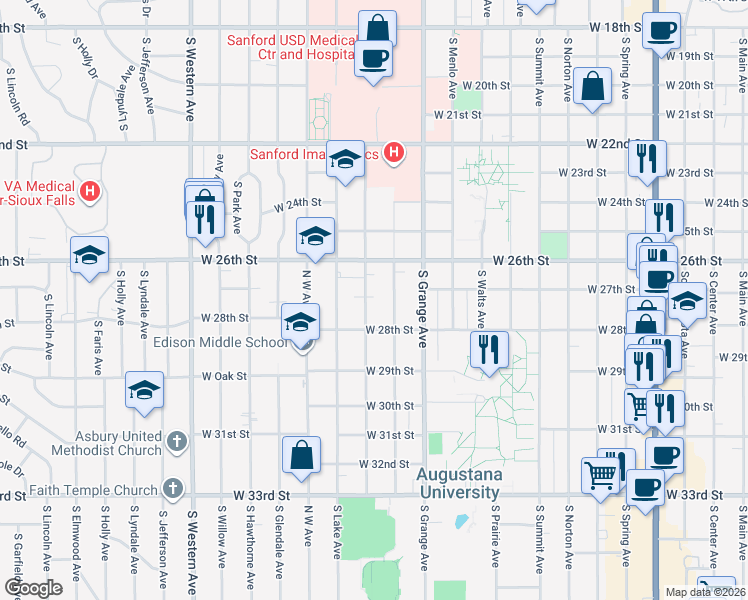 map of restaurants, bars, coffee shops, grocery stores, and more near 1901 South Covell Avenue in Sioux Falls