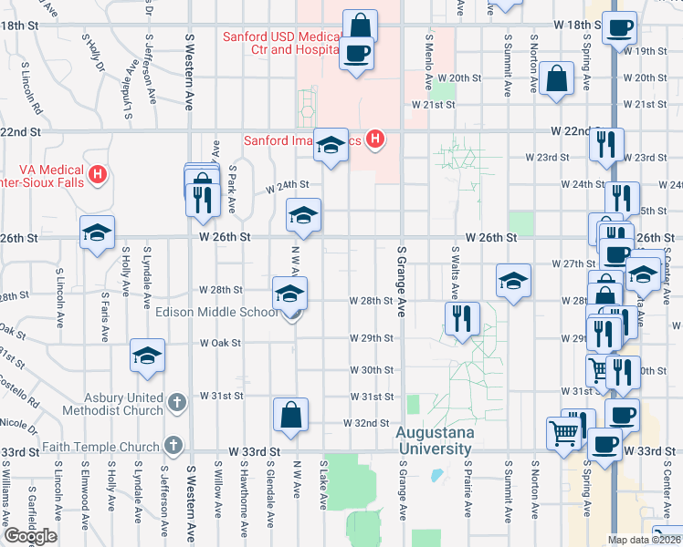 map of restaurants, bars, coffee shops, grocery stores, and more near 1901 South Covell Avenue in Sioux Falls